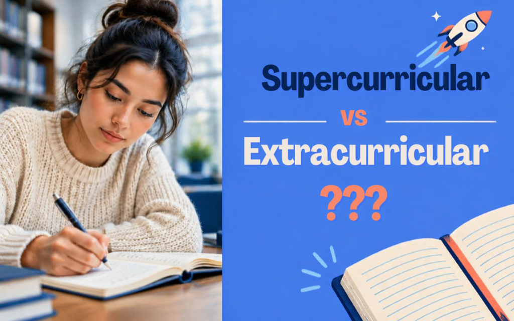 Student studying with text comparing supercurricular vs extracurricular activities